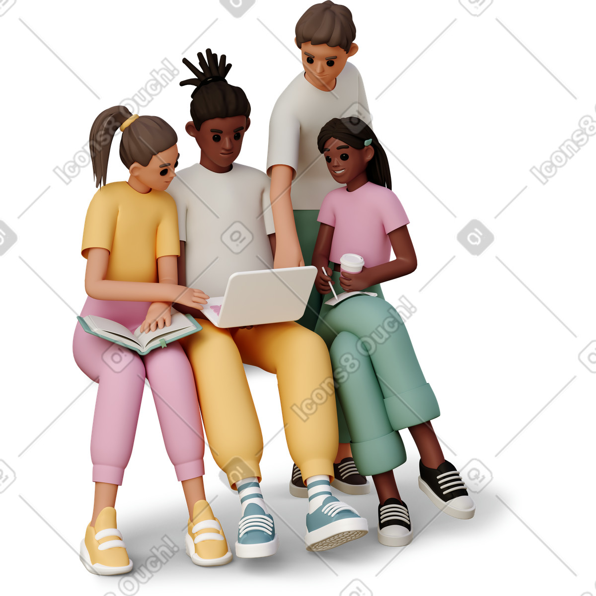 3D Casual life 스타일의 Young people looking at laptop 일러스트레이션 PNG, SVG 다운로드