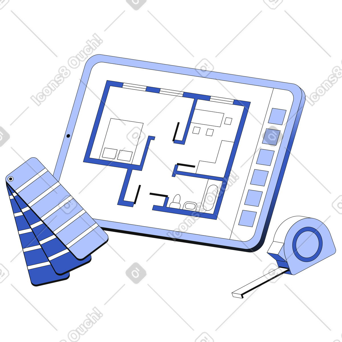 Grundriss einer wohnung auf einem tablet-Illustration im Techny-Stil als Download in PNG, SVG