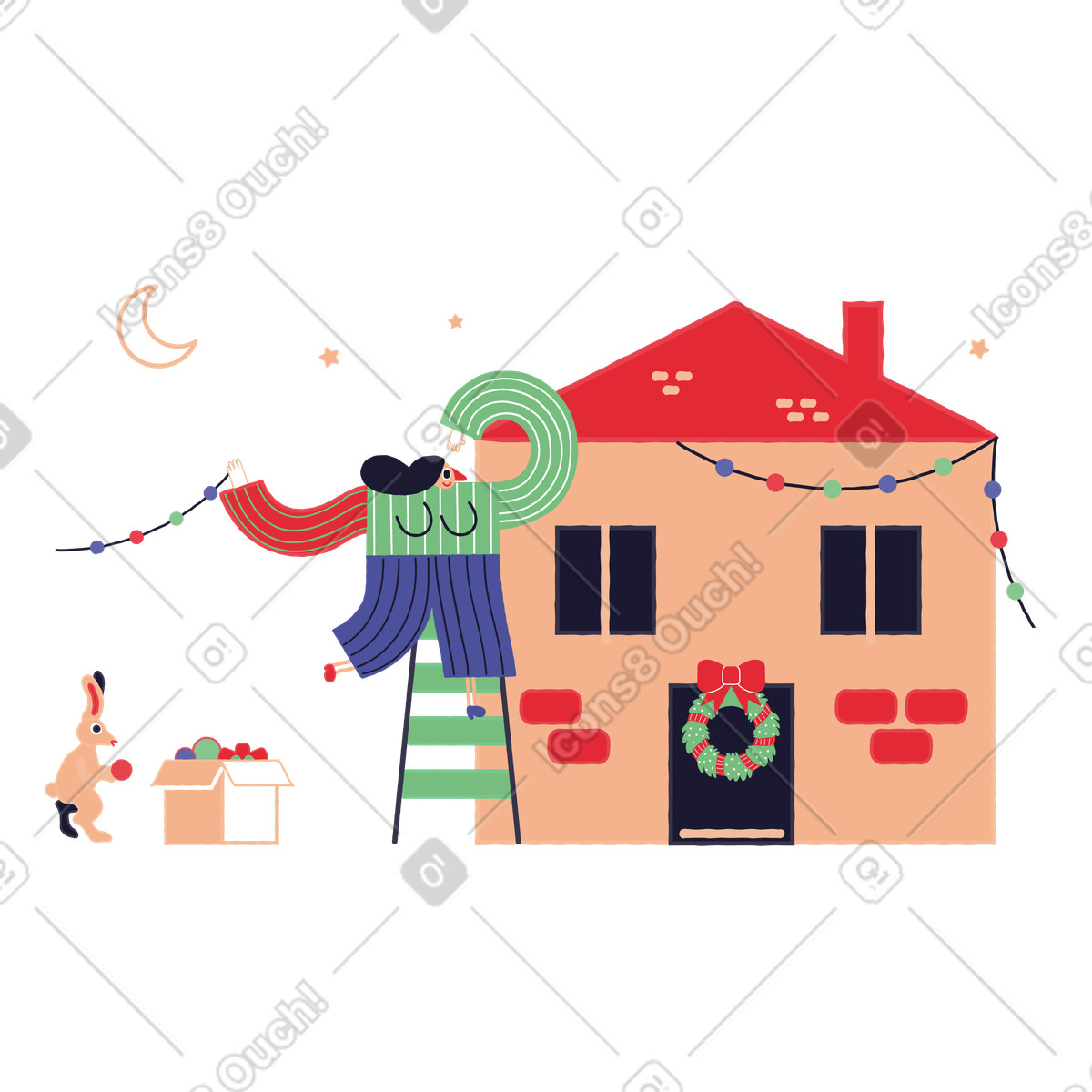 Stripy スタイルの Hanging Christmas lights on house, Winter celebration preparation のイラストをPNG、SVG形式でダウンロード