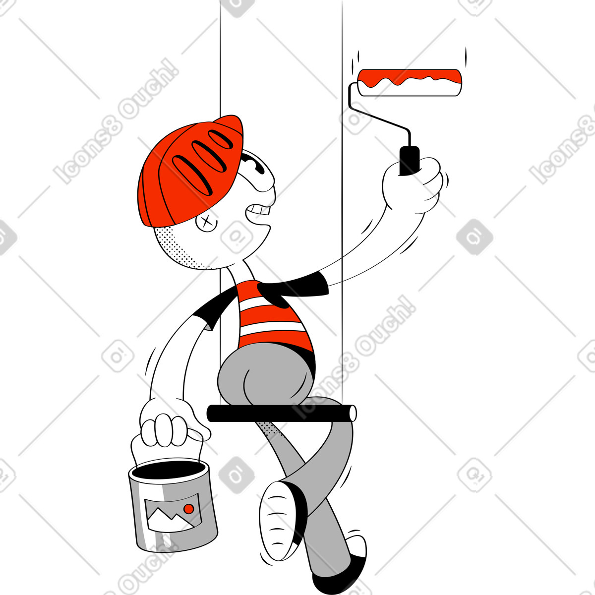 Illustration Artiste avec un seau de peinture tient rouleau dans sa main le style Looney à télécharger aux formats PNG, SVG