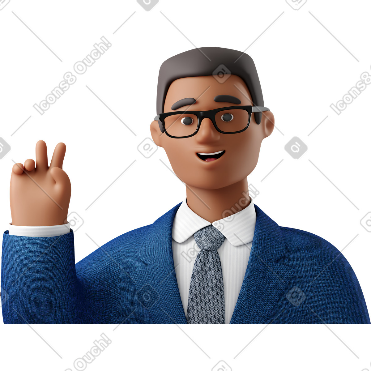 Ilustração de Close up of black businessman in blue suit with peace sign hand em no estilo 3D Business para baixar em PNG, SVG