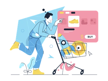 A person pushing a shopping cart with products - Work Hard style illustration