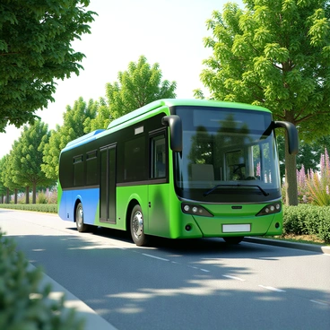 A smart bus with a sleek, modern design featuring a streamlined body and large, eco-friendly windows. It is painted in a vibrant shade of green, with accents of blue that represent its energy-efficient features. The bus is parked on a smooth, paved road, surrounded by lush greenery, including tall trees with thick leaves and colorful flowering plants. Sunlight filters through the leaves, creating dappled patterns on the ground. The scene emphasizes the bus's eco-friendly design, highlighting its integration with the natural environment.