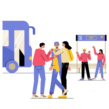 A bus terminal filled with people saying goodbye. A large blue bus is positioned on the left side, with its doors open. In the foreground, a group of three people share warm hugs, their faces expressing emotion. One person wears a red jacket, while another has a yellow scarf draped around their neck. Behind them, a few others wave goodbye, with hands raised in the air. The terminal has benches and a digital display board showing departure times. The atmosphere is lively, filled with the sense of farewell and warmth.