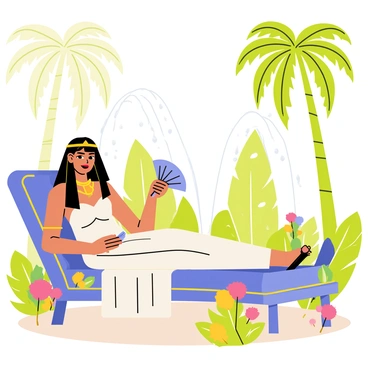 Cleopatra is reclining on a plush, ornate chaise lounge in a lush garden oasis. She has long dark hair adorned with golden accessories and is wearing a flowing, elegant gown. Surrounding her are tall, vibrant green palm trees swaying gently in the breeze. Water fountains are bubbling nearby, providing a serene backdrop with droplets sparkling in the sunlight. Colorful flowers are blooming around the area, adding pops of color to the scene. Cleopatra is holding a delicate fan, looking relaxed and content as she enjoys her tranquil surroundings.