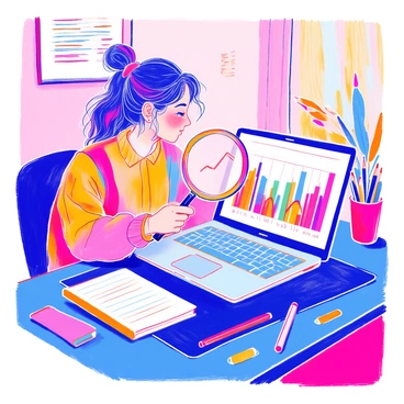 A person is seated at a modern desk with a sleek laptop open in front of them. They are holding a large magnifying glass with a metallic handle, focusing intently on the vibrant digital graphs displayed on the screen. The graphs feature colorful lines and bars indicating fluctuations in social media trends. Surrounding the person are various office supplies, including a notebook and a pen. The scene is well-lit, highlighting the details of the graphs and the person's concentrated expression.