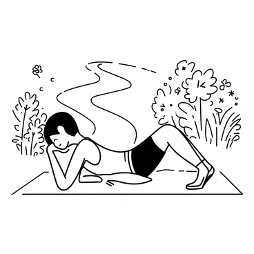 A person lying on a yoga mat in a tranquil garden, performing bicycle crunches. The individual has short hair and is wearing a fitted tank top and athletic shorts. Their arms are bent at the elbows, with hands supporting the head. Surrounding the person are various lush plants, including ferns and flowering shrubs, framing the scene. The background features a stone path winding through the garden, with a few butterflies fluttering nearby. The sun casts soft shadows, creating an inviting atmosphere.
