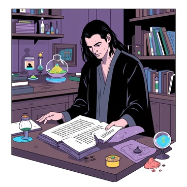 A tall man with long black hair, dressed in a dark robe, is reading a rolled parchment in his cluttered office. His expression is focused as he studies the text. Surrounding him, there are various potion ingredients displayed in glass jars, including eye of newt and powdered dragon horn. An old wooden desk is partially covered with shimmering magical artifacts, such as a glowing crystal ball and a silver hourglass. The walls of the office are lined with shelves filled with dusty books and vials of colorful liquids.