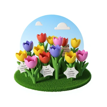 A vibrant garden filled with blooming flowers of various colors. Each flower is unique in shape and size, representing different insurance benefits. The flowers are labeled with tags displaying words such as "Health Coverage," "Life Insurance," "Property Protection," "Liability Coverage," and "Travel Insurance." The scene includes a clear blue sky overhead and a lush green lawn surrounding the garden, enhancing the vivid colors of the flowers.