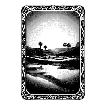 A magic card with a desert landscape and a shimmering mirage of an oasis