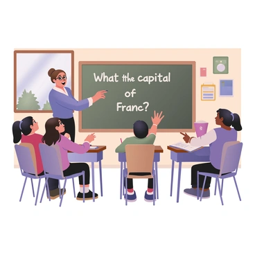 A teacher stands at a large chalkboard, facing a diverse group of students seated at their desks. The teacher is a woman with brown hair tied back in a bun, wearing glasses, a blue blouse, and black pants. She is pointing to a question written on the chalkboard in white chalk, which reads "What is the capital of France?" The students, a mix of boys and girls with various skin tones and hairstyles, are leaning forward in their chairs, visibly engaged and looking at the teacher with interest. Some have their hands raised, eager to answer, while others are taking notes in notebooks. The classroom is filled with colorful posters on the walls, and there are books and supplies scattered across the desks. A window shows a glimpse of green trees outside.