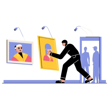 A thief dressed in a sleek black outfit is stealthily removing a large, framed painting from a museum wall. The museum has white walls adorned with other art pieces, and there are subtle security cameras placed in the corners. The thief is depicted with a focused expression, ensuring no one is watching. A shadowy figure of a museum guard can be seen in the background, creating a sense of suspense in the scene. The painting being taken features vibrant colors and intricate details that contrast with the thief's dark attire.