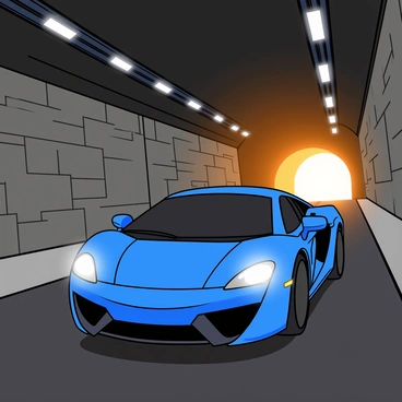 A sleek blue sports car with shiny chrome details is driving through a dark tunnel. The tunnel walls are made of rough gray stone, and bright lights are mounted along the ceiling, casting an illuminating glow. In the distance, an exit can be seen, where warm light spills in, creating a stark contrast to the shadowy interior of the tunnel. The car's headlights are on, beaming forward as it speeds towards the bright opening. The tunnel has a slight curve, adding depth to the scene. The pavement is dark and smooth, reflecting the car’s vibrant color.