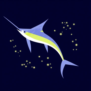 A sailfish with a long, slender body and a prominent dorsal fin is swimming gracefully through a dark ocean. The sailfish has a colorful gradient of blue, green, and silver on its scales. Surrounding the sailfish are glowing patches of bioluminescent plankton, creating a mystical, sparkling effect in the water. Tiny glowing dots and streaks of light are scattered throughout the scene, enhancing the deep-sea ambiance. The background is filled with deep blue hues, emphasizing the darkness of the ocean.