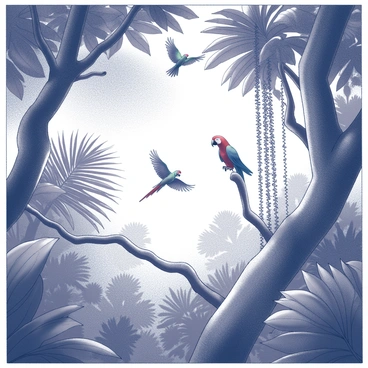 A treetop view of a lush jungle. The scene is filled with a dense canopy of leaves, with various shades of green foliage creating depth. Several colorful parrots are flying through the air, their wings outstretched. Long vines hang down from the branches, swaying gently in the breeze. Sunlight filters through the leaves, casting intricate shadows on the foliage below.