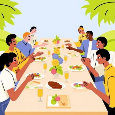 A long wooden table set outdoors under a clear blue sky. The table is filled with diverse people of various ethnicities, all smiling and engaged in conversation. Plates of colorful food, like leafy salads, roasted meats, and fresh bread, are spread across the table. There are glasses of lemonade and water, along with a centerpiece of vibrant flowers. Sunlight casts soft shadows, creating a warm and inviting atmosphere. Everyone is seated closely together, emphasizing a sense of community and fellowship.