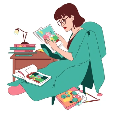 A teal blanket is draped over a comfortable chair where "Marie Savart" is seated. She has short brown hair and is wearing round glasses. In her hands, she is holding an open book with colorful illustrations. Surrounding her are a few stacked art books with vibrant covers. The room has a warm ambiance, with a small lamp casting a soft glow. Her expression is one of deep concentration and inspiration, with her eyes slightly widened and a gentle smile on her face. A few art supplies, like paintbrushes and a palette, are scattered on a nearby table.