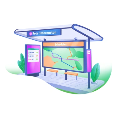 A modern pastel illustration showcasing a bus stop with clear signage displaying "Route Information" and "Schedules" in bold, legible letters. The bus stop features a shelter with a transparent roof, surrounded by plants. Below the signage, a large, vibrant map shows the bus routes in various colors. On one side of the sign, there is a digital screen showing live schedule updates. The ground is paved with light-colored bricks, and there are a few waiting benches positioned under the shelter.