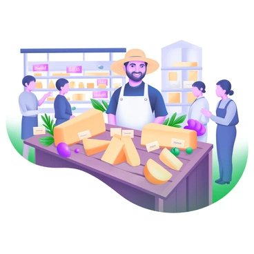 A cheese vendor standing behind a rustic wooden stall in a gourmet market. The vendor is wearing a white apron and a straw hat while smiling. The stall is adorned with an array of artisanal cheeses of different shapes and sizes, including wheels, wedges, and blocks, all beautifully presented. Each cheese is labeled with a small sign indicating its name and origin. Surrounding the cheeses are fresh herbs and fruits, adding color and vibrancy to the display. There are customers in the background, examining the cheeses and engaging in conversation, while shelves filled with gourmet products like cured meats, olives, and breads can be seen in the distance.