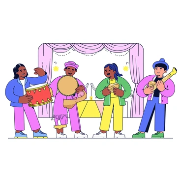 A group of musicians playing traditional instruments at a wedding. One musician is playing a large dhol with a vibrant red drumhead, while another is playing a shehnai, which is elegantly shaped with a shiny brass finish. The musicians are dressed in colorful traditional attire, adding to the festive atmosphere. The scene is filled with intricate details, such as decorative elements and patterns on the musicians' clothing. The background includes subtle hints of wedding decorations, such as drapes and floral arrangements.