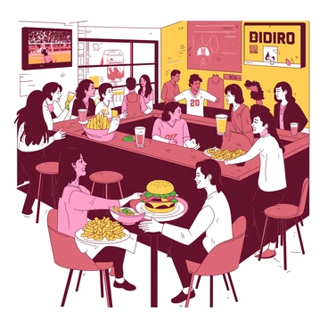 A vibrant scene inside a college sports bar filled with energetic students. Groups of students are clustered around tall tables, laughing and chatting animatedly. Behind the bar, a bartender is pouring a drink into a clear glass, while another bartender is preparing a plate of crispy nachos topped with melted cheese and jalapeños. On one table, a student is holding a large burger, with fries piled high beside it. The walls are adorned with various sports memorabilia, including jerseys and posters. A television screen in the corner is showing a lively sports game, adding to the lively atmosphere. The room is illuminated with warm lighting, enhancing the sense of camaraderie and excitement.