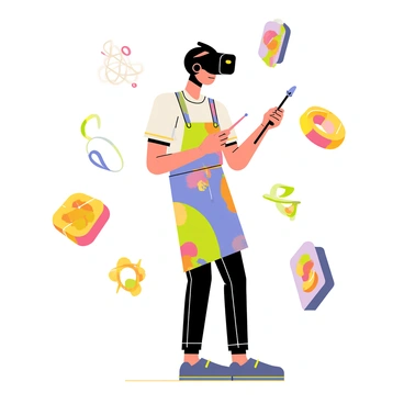 An artist wearing a VR headset, creating a 3D art piece in a virtual environment.
