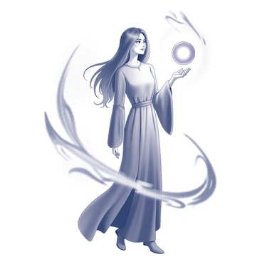 Priscilla is standing with her right hand holding a large, glowing orb. The orb is emitting a bright light, illuminating her face and surrounding area. Around her, there are swirling energies depicted as dynamic, flowing patterns. These energies create a sense of movement and vibrancy in the scene. Priscilla's long hair flows elegantly, influenced by the motion of the energies around her. She wears a flowing robe that drapes gracefully, enhancing the mystical atmosphere of the image.