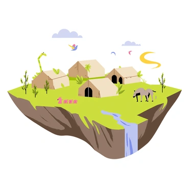A floating island with lush green vegetation and rocky cliffs. The island features several safari tents in shades of khaki and brown, arranged in a circular formation. There are exotic animals such as a giraffe stretching its neck to nibble on leaves, a group of zebras grazing nearby, and colorful birds flying above the tents. A gentle waterfall cascades down one side of the island into a serene pool of water. Soft clouds drift by in the blue sky above, framing this unique safari adventure setting.
