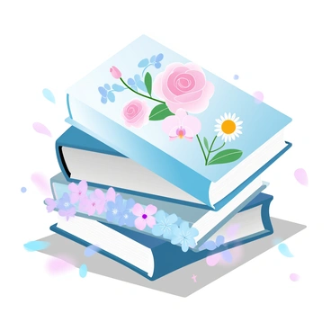 A stack of books is arranged neatly on a wooden surface. Each book features a colorful cover displaying intricate illustrations of various flower species. The top book has a large illustration of a blooming rose, while the second book showcases a vibrant sunflower. The third book displays delicate orchids, and the bottom book features a variety of wildflowers in different colors. Soft light casts gentle shadows on the surface, adding depth to the scene.
