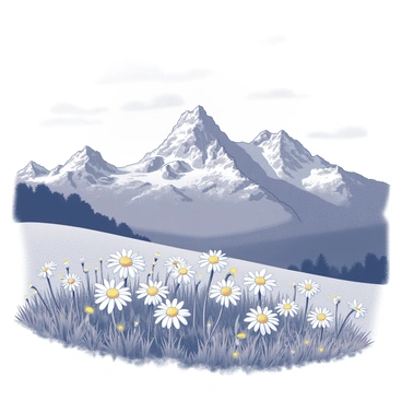 A panoramic view of an alpine meadow. The foreground features a lush landscape with numerous blooming edelweiss flowers prominently displayed. The flowers have star-shaped white petals arranged around a central yellow core, creating a striking contrast against the green grass. In the background, majestic mountain peaks rise sharply, covered in patches of snow and rocky outcrops. The sky above is expansive, with a few wispy clouds scattered throughout, enhancing the vastness of the scene.
