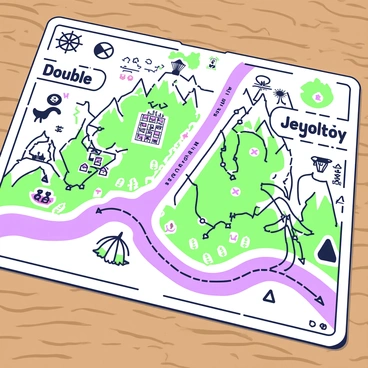 A vintage map is spread out on a wooden table. The map features intricate, aged details with an array of coastline, mountains, and forests. Two marked paths are prominently displayed on the map. The first path, labeled "Double," is illustrated with a dashed line leading from a small village to a location marked with a red "X." The second path, labeled "Jeopardy," is drawn with a dotted line winding through valleys and crossing a river before also reaching the "X." Various landmarks such as a compass rose, a sea monster, and ancient symbols are scattered throughout the map, enhancing its historic feel.