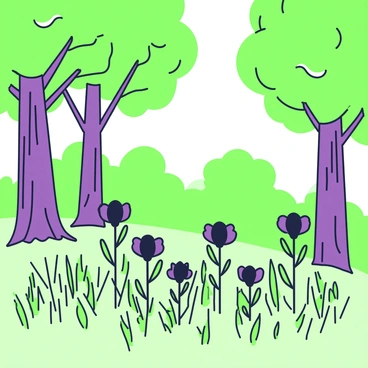 A meadow is filled with flowers that have black petals. The meadow is surrounded by tall trees with thick trunks and lush green leaves, providing a significant amount of shade. The flowers stand prominently against the grass, creating a contrast in the landscape. Sunlight filters through the leaves of the trees, casting dappled shadows on the ground. In the background, additional trees create a sense of depth to the scene.