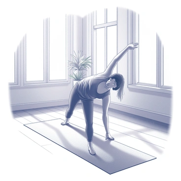 A yoga instructor is positioned on a yoga mat, demonstrating a stretch with a focused expression. The instructor is in a standing pose, with one arm reaching towards the ceiling and the other extending sideways, showcasing the flexibility of the body. Sunlight streams through large windows, casting soft shadows on the floor. The studio features wooden floors and minimalistic decor, enhancing the serene atmosphere. A few potted plants can be seen in the background, adding a touch of nature to the space.