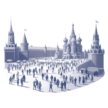 A panoramic view of "Red Square" filled with a large number of people. Tourists are taking photos, while locals engage in conversations. There are iconic structures in the background, including "St. Basil's Cathedral" with its unique onion domes. The ground is paved with cobblestones, and there are several street vendors selling goods. People are walking in various directions, creating a dynamic scene. Flags are waving gently in the breeze, adding movement to the atmosphere.