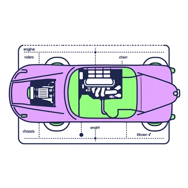 A detailed blueprint of a classic vintage car is laid out on a surface. The blueprint features distinct outlines of the car's body, showcasing its curvy design and iconic shape. The engine compartment is clearly marked, with intricate lines highlighting the various mechanical components such as the engine block, exhaust system, and battery. The blueprint includes labeled sections, such as "engine," "chassis," and "interior," providing clear guidance on the car's structure. The background of the blueprint contrasts with the car outlines, enhancing the overall visual detail of the design.