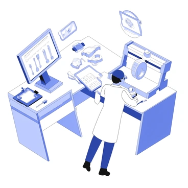 A researcher is standing in a modern laboratory, surrounded by advanced medical technology. They are focused on a 3D printer that is actively creating a prosthetic limb. The printer is emitting fine layers of material, forming the shape of the prosthetic. The researcher is wearing a lab coat and protective goggles, and they are using a digital tablet to monitor the printing process. Various tools and components are arranged neatly on the workbench nearby, including a selection of prosthetic parts in different stages of assembly. A computer screen displays detailed 3D models of prosthetics and data analytics. The atmosphere conveys a sense of innovation and precision.