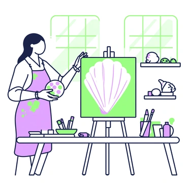 An artist is standing in a bright seaside studio while painting a large conch shell on a canvas. The artist has shoulder-length hair tied back, wearing a light shirt and an apron splattered with paint. The canvas is positioned on an easel, displaying the detailed contours of the conch shell. There is a palette of colors in the artist's left hand, and a brush is poised in the right hand, ready to apply paint. Sunlight streams through large windows, illuminating the room and casting gentle shadows. The studio is filled with other art supplies, including tubes of paint and brushes organized on a nearby table. A small shelf displays additional seashells collected from the beach.