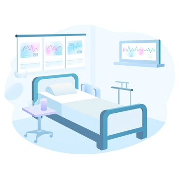 A hospital room with white walls and soft lighting is equipped with several medical screens. Each screen displays patients' vital signs, showing colorful graphs and numbers that indicate heart rates and other health metrics. In the center of the room, there is a hospital bed with crisp white sheets, and next to it is a small bedside table holding a water pitcher and a glass. Medical equipment, such as an IV stand and a monitor, is neatly arranged nearby. The atmosphere is calm and organized, reflecting a space dedicated to patient care.