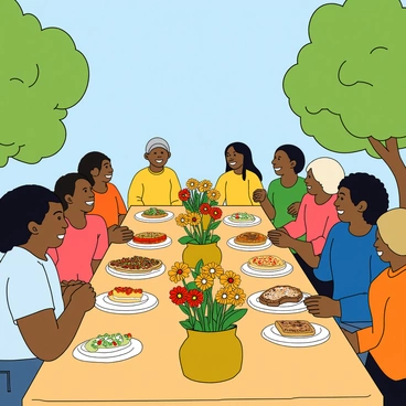 A vibrant community gathering featuring a long, rectangular table set outdoors. The table is adorned with a colorful tablecloth and decorated with bright flowers in various vases. Plates of delicious food, including fruits, salads, and baked dishes, are arranged neatly along the center. People of diverse backgrounds, including children and adults, are seated around the table, smiling and engaging in conversation. They are dressed in casual, colorful clothing. In the background, green trees sway lightly in the breeze under a clear blue sky.
