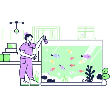 A nurse wearing scrubs is standing in front of a large aquarium located in the hospital lobby. She is gently pouring fish food into the water, creating small ripples on the surface. The aquarium is filled with various colorful fish swimming around. Nearby, there are plants and rocks placed inside the aquarium, providing a natural habitat for the fish. The lobby has a welcoming atmosphere, with benches and a reception desk visible in the background. The nurse is focused on ensuring the fish are fed properly, showcasing her caring nature.