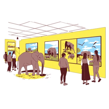 A yellow nature photography exhibit features large wildlife photographs hung on the walls. Each photograph captures distinct wildlife moments, showcasing animals in their natural habitats. The exhibit area is spacious, allowing for ample sunlight to filter through large windows. In the foreground, visitors admire a striking image of a majestic elephant standing by a watering hole. There are also photographs of birds in flight and a family of deer grazing in a lush green meadow. The atmosphere is filled with the sound of quiet conversations as attendees explore the gallery.