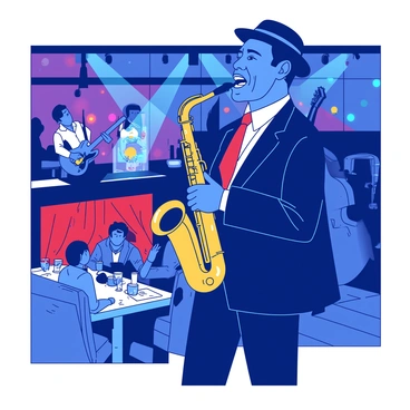 A blue jazz musician with a joyful expression is passionately blowing into a shiny brass saxophone. The musician is wearing a stylish black suit and a vibrant red tie. The background is filled with colorful lights casting a warm glow over the lively club scene. In the foreground, there are several tables with patrons enjoying the music, some swaying to the rhythm. A small stage is adorned with a red curtain, and a bass player can be seen in the background, contributing to the energetic atmosphere of the club.