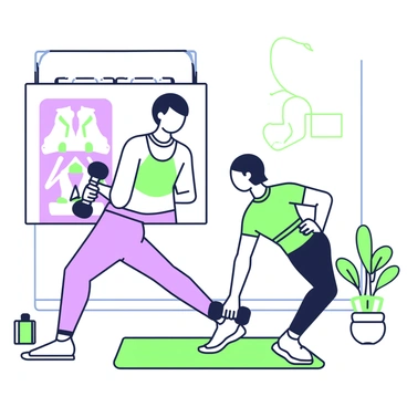 A person is performing a dumbbell row exercise at home. The individual has short hair and is dressed in a fitted workout shirt and comfortable exercise pants. They are bent over at the waist with one arm extended towards the floor, holding a dumbbell in their right hand. In front of them, a large screen displays a virtual trainer demonstrating the exercise, with the trainer wearing athletic clothing and guiding the user through the movement. The room is well-lit, with a yoga mat on the floor and a water bottle next to the person. A small potted plant is visible in the background, adding a touch of greenery to the setting.