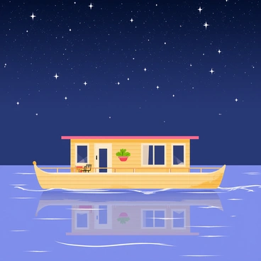 A houseboat with a wooden exterior floating gently on a calm lake reflects the twinkling stars above. The sky is filled with countless bright stars, creating a stunning backdrop. The houseboat features large windows and a cozy porch with a small table and two chairs. Soft waves ripple the lake's surface, and a gentle breeze stirs the air, creating a peaceful atmosphere.