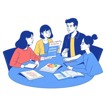 A group of four individuals is gathered around a blue table, engaged in a serious discussion about their finances. The table is covered with various "Sanchay Plus" brochures, neatly spread out and prominently displayed. One person, a young woman, is holding a brochure open, pointing to specific details while looking towards another family member, a middle-aged man who is taking notes on a notepad. Beside them, a teenage boy is attentively listening, glancing at the brochures, while an elderly woman, presumably the grandmother, is looking intently at the young woman with a thoughtful expression. The room is well-lit, creating a focused atmosphere around their conversation.