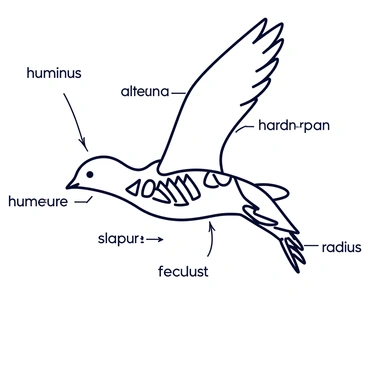 A labeled diagram showcasing the skeletal structure of a bird in flight. The diagram features a bird with its wings fully extended, illustrating the bones of the wings, spine, and legs. Labels indicate key anatomical parts such as the "humerus," "femur," "scapula," and "radius." The bird is depicted from a side view, with a clear outline of its skeletal framework against a plain background. Each labeled part is presented in a legible font for clarity.