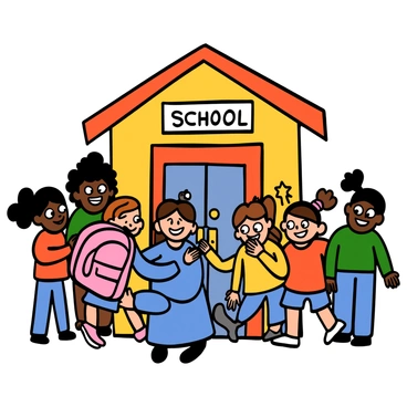An atsem with light skin and short brown hair is standing at the entrance of a bright, colorful school. She is wearing a blue uniform with a name tag and a welcoming smile. Around her, several children of diverse backgrounds, with different hairstyles and clothing, are arriving excitedly. The atsem is kneeling down to greet a young girl with big eyes who is holding a pink backpack. Another boy with big eyes is waving his hand while a group of children giggle nearby, all showcasing a sense of joy and anticipation for the start of the school day.