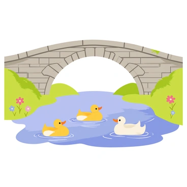 A picturesque stone bridge with multiple arches spans over a flowing river. The bridge is made of grey stones with moss on the surface, showcasing a rugged texture. Beneath the bridge, several ducks are swimming, with two mallard ducks and their ducklings paddling together in the clear water. The river is surrounded by green grass and a few wildflowers along the banks. The sunlight reflects off the water, creating ripples that dance below the bridge.