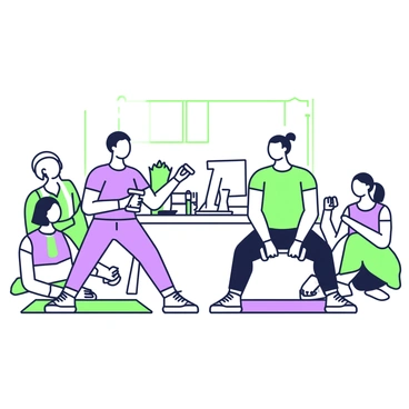 A group of office workers is taking a break in an office environment, engaging in a wellness session. In the center of the image, two workers are performing hammer curls with dumbbells. One worker has short hair and is wearing a blue t-shirt, while the other has long hair tied back and is dressed in a green polo shirt. Around them, several other employees are sitting on workout mats, watching and sharing encouragement. The workspace features desks with computers and plants in the background, creating a vibrant atmosphere focused on health and fitness.