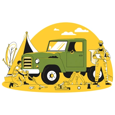 A group of two army mechanics is working on a broken-down truck inside a field workshop. One mechanic is kneeling beside the front wheel, using a wrench to tighten a bolt, while the other stands nearby, holding a clipboard and taking notes. The truck is military green, with visible wear and tear. Various tools are scattered around, including wrenches, a jack, and a toolbox. The background features canvas tents and equipment typical of a military environment.